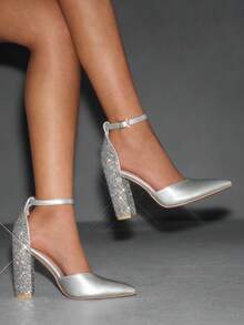 CUCCOO SZL Fashionable Pointed Toe Thick High Heel Silver Glitter Ankle Strap Women's High Heel Pumps, Hollow Out Sexy Elegant Party Dress Shoes For Christmas - Silver - View 1