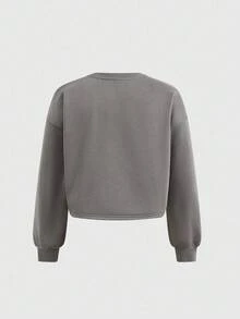 SHEIN 青少年女孩宽松休闲简约舒适圆领套头衫和抽绳裤套装 - 深灰色 - 查看 2
