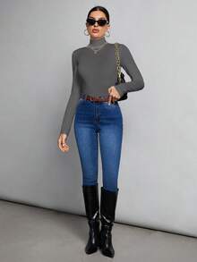 Tall Blusa blanca de cuello alto y silueta delgada, adecuada para otoño e invierno - Gris - Ver 4