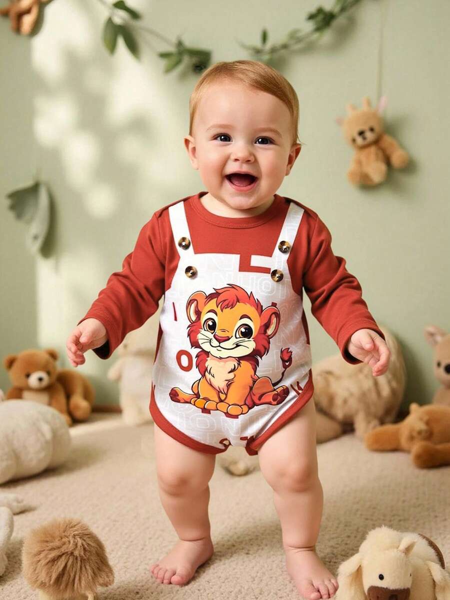 Perso Play Baby Boy Autumn Brown Bodysuit With Envelope Collar, Cute Printed 2 In 1 Design, Essential For Daily Outings Fall Winter