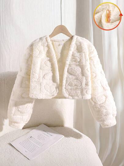 Sparklyn Girls' Textured Jacquard Fabric Shawl Collar Faux Fur Jacket, Fashion High-End Elegant Versatile Small Coat, White Floral Pattern, Autumn/Winter Back To School Season