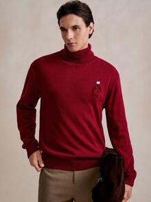 Manfinity Homme Suéter de Gola Alta Minimalista de Cor Sólida de Manga Longa Vermelho, Suéter Vermelho Casual de Uso Diário para Homens, Suéter de Gola Alta Vermelho para Homens, Camisas de Gola Alta para Homens, Top Bordô para Homens no Outono Inverno Natal, Suéter de Homem com Estampa de Desenho Animado Bordô - Vermelho - Visão 1