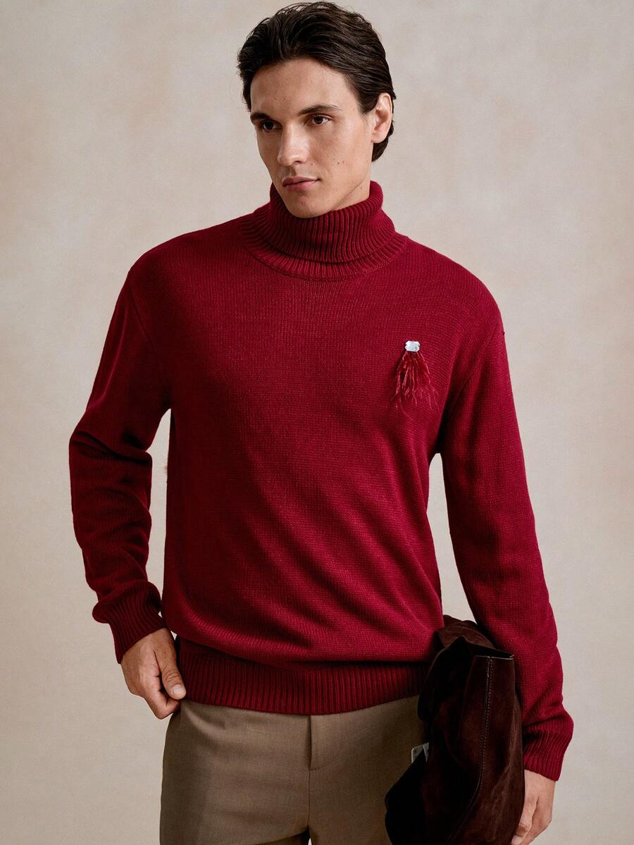 Manfinity Homme Suéter de Gola Alta Minimalista de Cor Sólida de Manga Longa Vermelho, Suéter Vermelho Casual de Uso Diário para Homens, Suéter de Gola Alta Vermelho para Homens, Camisas de Gola Alta para Homens, Top Bordô para Homens no Outono Inverno Natal, Suéter de Homem com Estampa de Desenho Animado Bordô - Vermelho - Visão 1