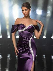 Glamrae Purple Luxurious Satin One-Shoulder Drop Sleeves Fishtail Dress,Elegant Hand-Stitched Floral Decoration Slit Pleated Formal Party Dinner Gown - Dark Purple - View 2