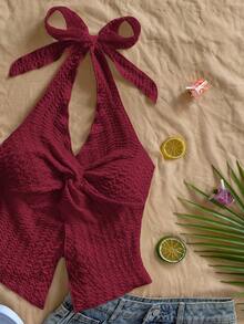 Soleia Fashionable Sexy Halter Tie Knot Hem Slit Open Back Camisole,Red Tops For Women - Burgundy - View 3