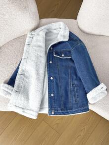 SHEIN 少女基础款纯色水洗牛仔保暖内衬宽松牛仔外套，秋冬保暖穿搭，休闲泰迪绒内衬冬装外套，百搭阔腿牛仔裤，Y2K风格，女教师装，返校装，商务休闲装，工装牛仔裤，秋冬宽松裤，高腰长款阔腿牛仔裤，街头风，冬裤，羊羔绒牛仔裤，保暖牛仔外套