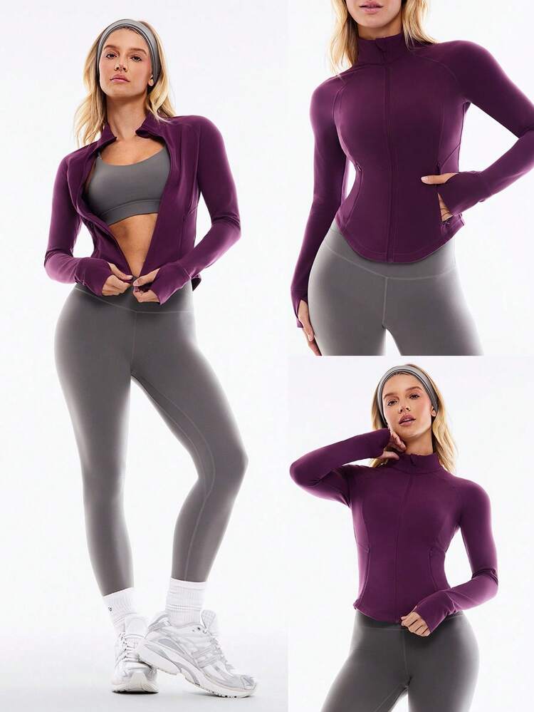 FeatherFit™ Studio Ready Zipper Pockets Slim Fit Long Sleeve Thumbholes Active Jacket Low Impact Yoga Pilates Studio Gym Daily