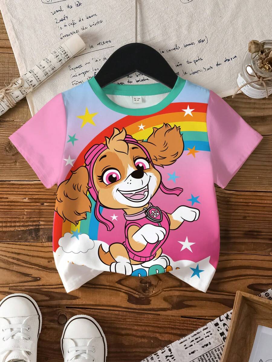 SHEIN | PAW Patrol 少女卡通图案圆领短袖T恤，夏季 - 白色 - 查看 1