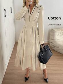 Easowa 秋冬女士长袖衬衫裙，收腰设计，卡其色至黑色渐变中长连衣裙，适合日常穿着和办公室通勤 - 杏色 - 查看 4