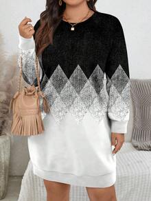 EMERY ROSE Casual Minimalist Black & Grey Ombre Geometric Print Crew Neck Long Sleeve Long Plus Size Women Sweatshirt, ,Spring - Multicolor - View 5