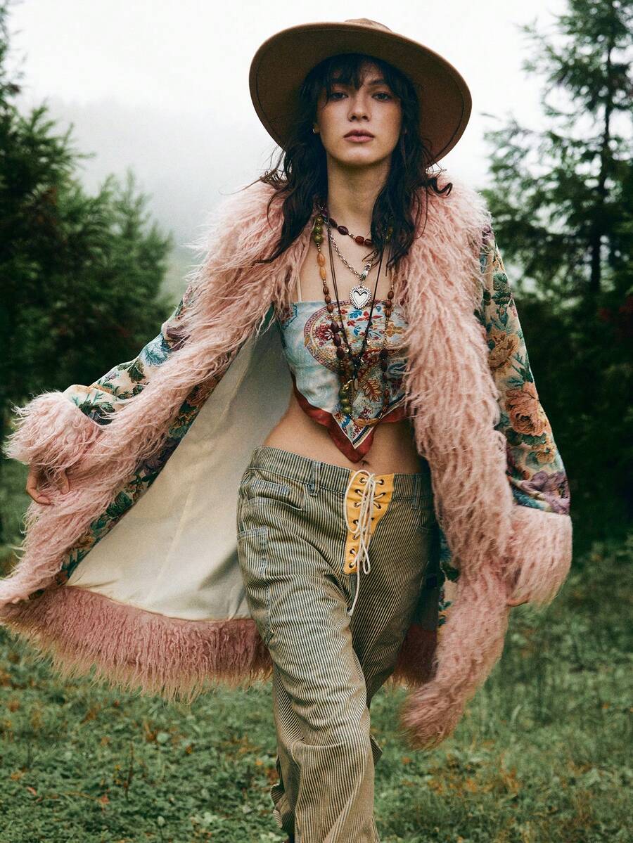 Bohemela Women's Elegant Jacquard Splice Faux Fur Coat, Autumn/Winter,Cozy Fall And Winter Clothes For Women - Multicolor - View 1