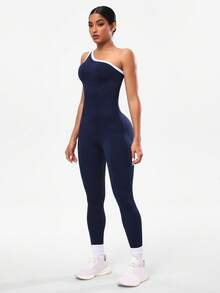 Seamluxe SHEIN Sport Nahtloser, sexy, asymmetrischer, schulterfreier, ärmelloser Lifting-Yoga-Jumpsuit, einteiliger Workout-Jumpsuit, nahtloser Workout-Jumpsuit, marineblauer Workout-Jumpsuit, nahtloser Yoga-Jumpsuit, Workout-Bodysuit, Gym-Jumpsuits
