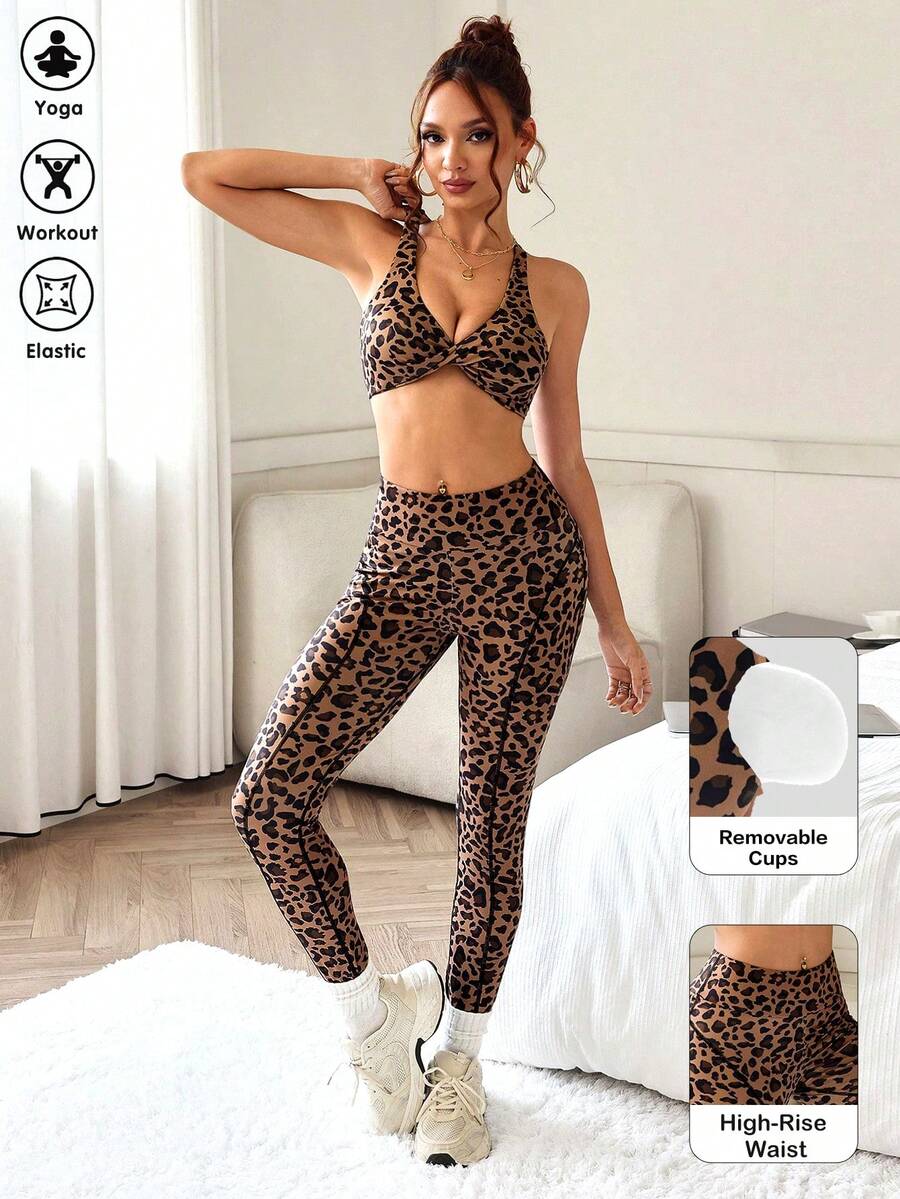Slayoga Costum sport pentru femei cu imprimeu leopard, top și colanți, model răsucit