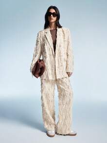 Aveloria GENKIRA 女式休闲纹理提花流苏镂空重磅面料双排扣西装外套和阔腿裤套装 - 米色 - 查看 7