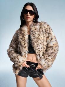 GENKIRA 女士秋冬新款仿皮草豹纹翻领优雅精致百搭仿皮草夹克 - 彩色 - 查看 4