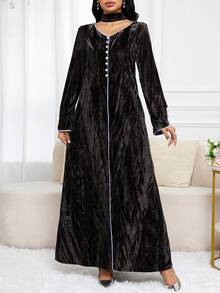 Al Najma 女式 V 领撞色饰边前扣休闲宽松阿拉伯风格连衣裙 - 淺灰紫 - 查看 6