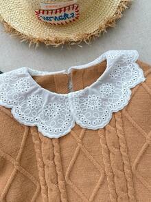 Blossori  Young Girls' French Elegant Faux Collar Lace Patchwork Pullover Sweater & Knit Pants Set, Girl Knit Set, Little Girl Autumn Suit,Cozy Fall & Winter Styles - Khaki - View 4