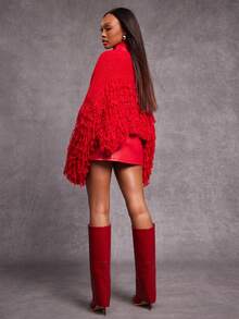 NYA SZN Jacket Long Sleeve Crop Loose Oversized Baggy Sleeve Fringe Detail Textured Buttons Everyday Casual Brunch Date Night Out Holiday Gyaru Modest Church Event Special Occasion Fall Winter Statement Valentines Day Outfits For Women - Red - View 3