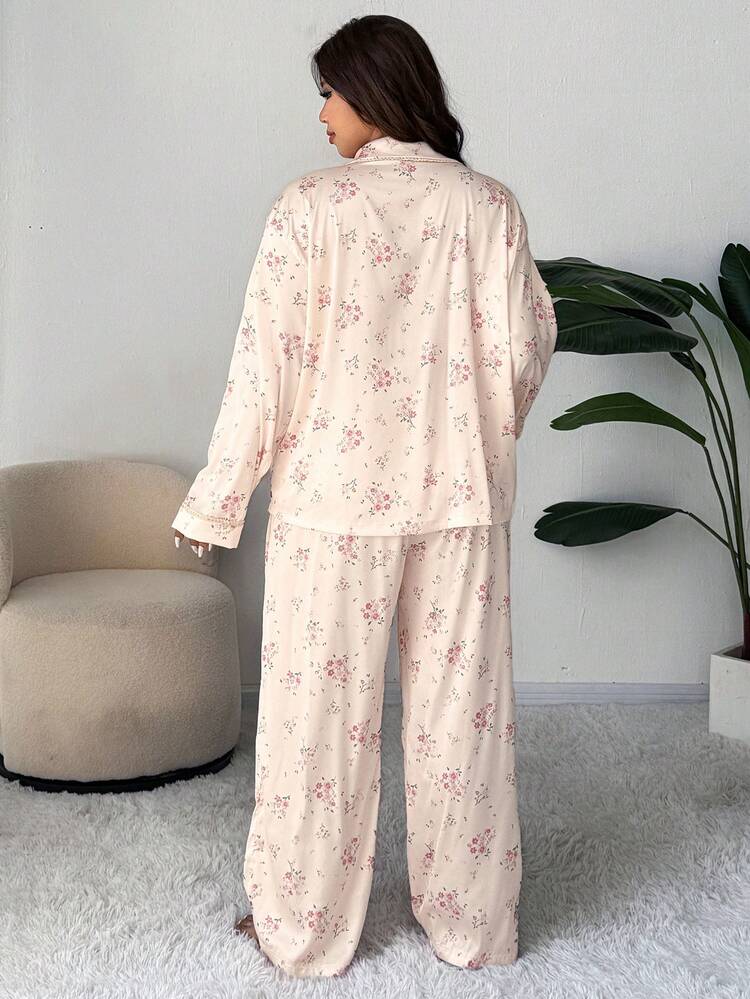Dazy Plus 2pcs/Set Fashionable Ditsy Floral Loungewear, Elegant Loose Fit Top And Pants, Plus Size Women Spring/Autumn Pajama Set Fall Winter Clothes