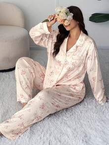 Dazy Plus 2pcs/Set Fashionable Ditsy Floral Loungewear, Elegant Loose Fit Top And Pants, Plus Size Women Spring/Autumn Pajama Set Fall Winter Clothes - Baby Pink - View 7