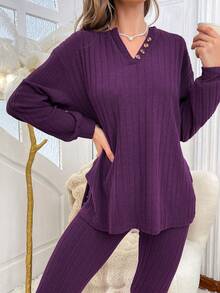 SHEIN Solid Color Textured Half-Zip Top & Pants Women Loungewear Set Fall Winter Clothes - Purple - View 4