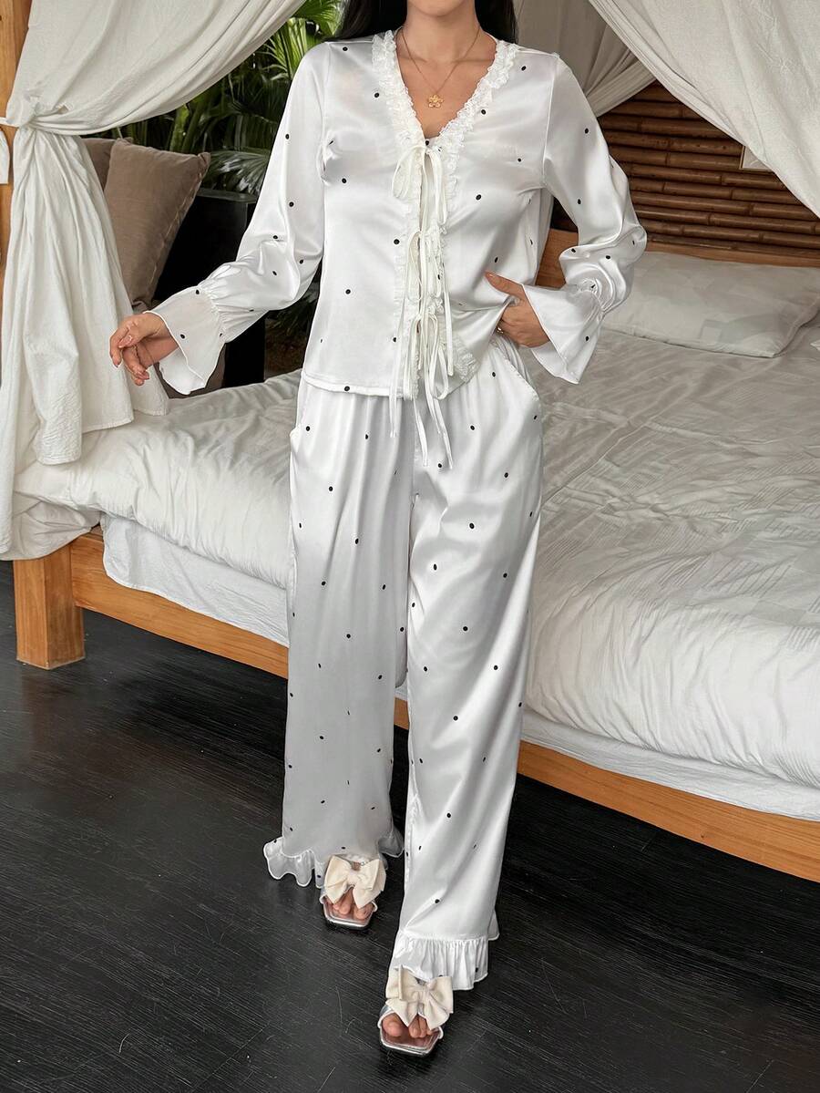 DAZY Polka Dot Pattern Satin Ruffle Trim Women Pajama Set, Winter Clothes - White - View 1