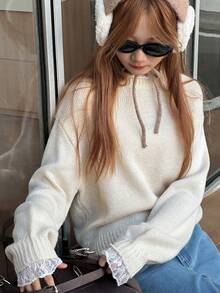 DAZY Suéter de manga larga minimalista y casual de unicolor para adolescentes