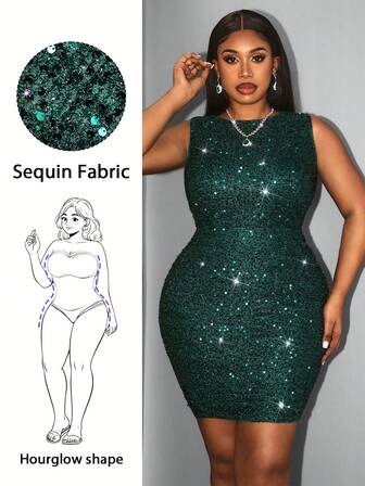 Hourglow Christmas Plus Size Sequin Decor Elegant Sleeveless Dress