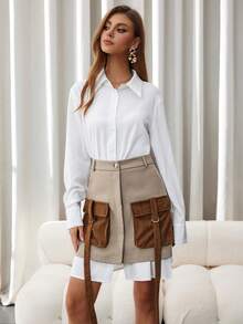 SHEIN Unity Saia Cargo Flare com Bolsos Duplos em Cores Contrastantes