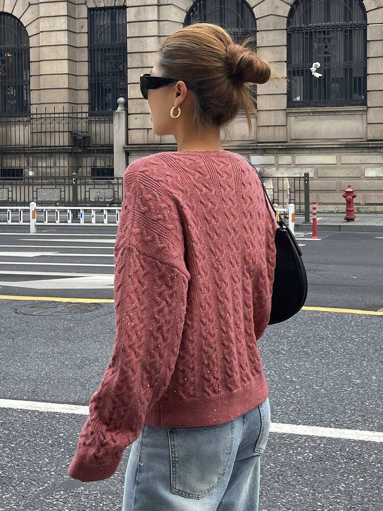 Women's V-Neck Twist Cable Pattern Drop Shoulder Long Sleeve Loose Casual Sweater, Autumn/Winter