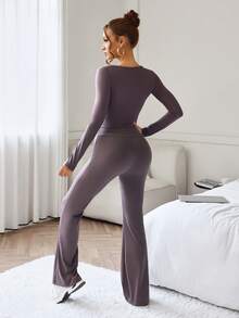 SHEIN Dewbera Sexy Casual Women Hollow Out Crop Top & Pants Sports Suit - Brown - View 2