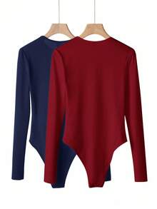 SHEIN BASICS 2件套休闲纯色针织圆领长袖女式紧身衣 - 藏蓝色 - 查看 4