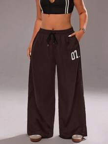 Rustia Damen Große Größen Hose mit Kordelzug in der Taille, lässiger Streetstyle, einfarbig, mit Metallschnalle und Schlitz an der Seite