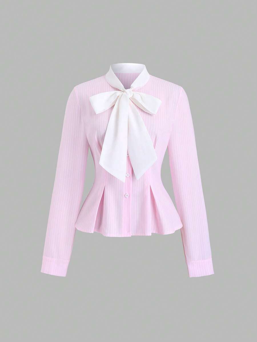Sweetra Nueva camisa de manga larga para mujer, elegante y de uso diario para ir a trabajar, con cuello de lazo a rayas, ajuste ceñido, color rosa y blanco