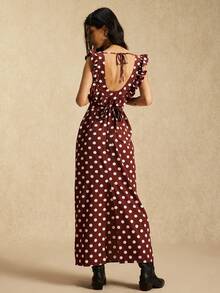Easelle Vintage Women's Lace Trim, Polka Dot, Printed Long Dress Backless Ruffle  Long Summer Dress For Women  Party - Brown - View 3
