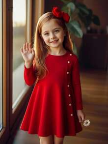 Emery Rose Kids 少女優雅紅白色珍珠鈕扣設計A字洋裝，長袖修身休閒圓領秋季派對洋裝，生日禮物首選 - 紅色 - 查看 5