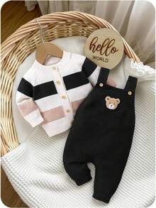 SHEIN Fashionable Cute Versatile Baby Boy Striped Print Long Sleeve Cardigan Sweater With Bear Applique And Color Block Long Pants Set, New Arrival - Black - View 1