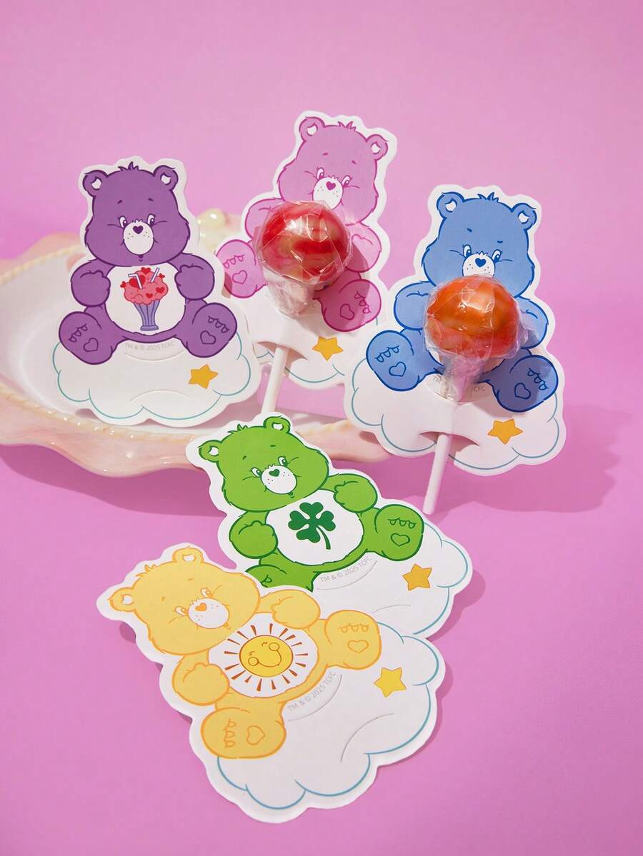 SHEIN X Care Bears 50 Pcs Cute Cartoon Character Pattern Lollipop Decoration Card, Birthday Party Family Holiday Party Decoration Supplies, Birthday Gifts Candy Decoration Supplies, Party Gifts - 彩色 - 查看 1