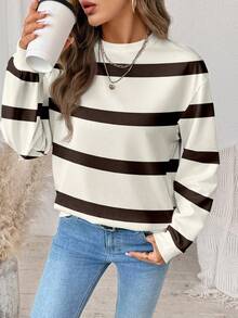 SHEIN LUNE Casual Minimalist Brown & Beige Striped Print Round Neck Loose Fit Long Sleeve Sweatshirt For Women, Suitable For Autumn/Winter,Casual - Multicolor - View 4