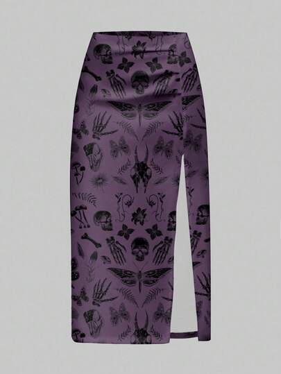 Gothic Style Purple Dark Mysterious Horror Skeleton, Plant, Moth, Dragonfly Floral Print High Slit Skirt For Women