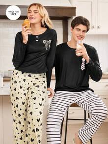 CoupledUp Striped Casual Long Sleeve Top & Pants Men Pajama Set Fall Winter Clothes - Black - View 4