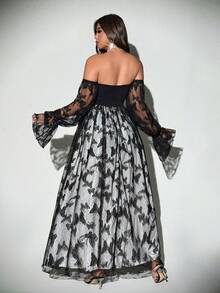 Viva Relle Váy dự tiệc nhẹ mùa xuân/thu cỡ lớn dành cho nữ, ren gợi cảm, dự tiệc cưới, váy trễ vai không dây bồng bềnh - Nhiều màu - Xem 2