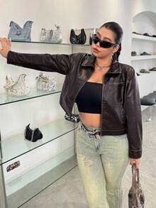 SHEIN EZwear Plus Size Vintage Distressed PU Contrast Stripe Zipper Casual Jacket, Autumn Winter Brown Leather Jacket Women Y2k Jacket Women Brown Jacket Motorcycle Women Cropped Leather Jacket - Brown - View 4