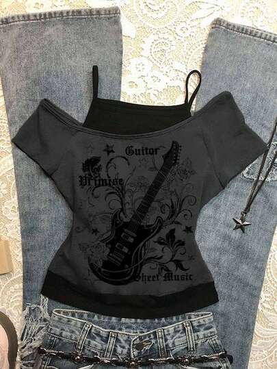 Attitoon Women's Casual Minimalist Guitar Graphic Retro Contrast Color Short Sleeve T-Shirt