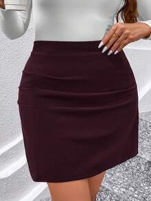 Chikora Black Elastic Knit Pleated A-Line Plus Size Skirt, Elegant For Everyday Wear And Versatile - Maroon - View 7