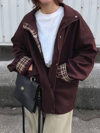 FRIFUL Dames Colorblock Plaid Stof Revers Afhangende Schouder Lange Mouw Zak Rits Manchet Omslag Losse Casual Veelzijdige Normale Jas, Herfst/Winter Dames Jassen