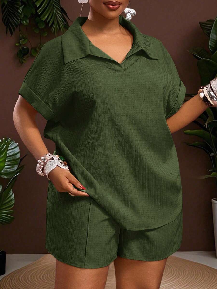 Veslaya 秋冬新品，女士秋冬/万圣节/冬季服装，大码，音乐节/万圣节服装，复活节，西部风，游牧风，生日派对，毕业典礼，学生装，日常穿着，百搭基础款，休闲，度假，邮轮旅行，海滩，日光浴，时尚，女士黄色罗纹Polo领宽松短袖短裤套装配腰带，大码家居服套装绿色衬衫女士大码工作服套装绿色衬衫两件套亚麻套装女士大码亚麻套装 - 軍綠色 - 查看 1