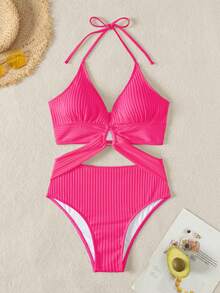 Swim Chiccia Bộ bikini crop top hở lưng gợi cảm, cổ chữ V sâu, phối vòng tròn màu đỏ hồng và bạc, kiểu dáng quyến rũ, thích hợp cho mùa Xuân/Hè 2026. - Màu Hồng Tươi - Xem 2
