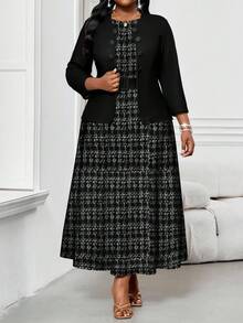 SHEIN Lady New Year Elegant Thanksgiving New Year Black Plus Size Women Elegant Plaid Print Sleeveless Buckle Belted Dress And Jacket 2 Piece Set - Black and White - View 5
