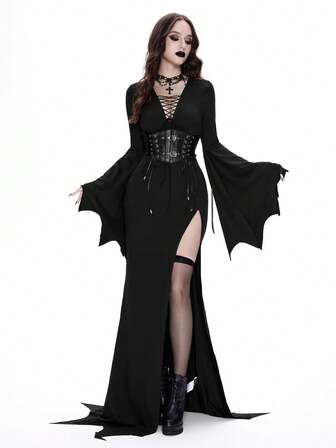 Breakform Goth Sexy Long Dress Gothic Witch Women's Fashion Gothic V-Neck Bell Sleeve Front Hollow Lace-Up Waist Split Dress, Suitable For Daily And Holiday Wear